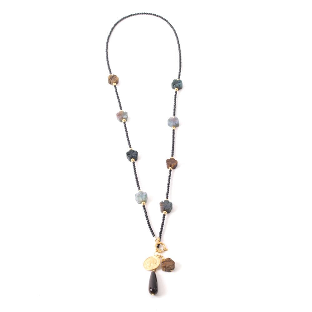 widaro lange ketting black flower stones